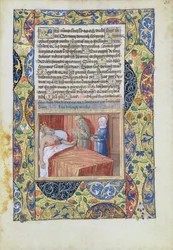 Pani Lat. Q.v.I.126 f.38 Król z nożem wbitym w serce, z „Księgi godzin Ludwika Orleańskiego”, 1490